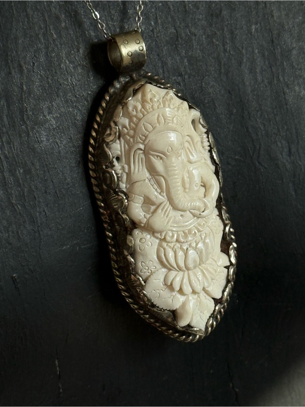 Bone Carved Ganesha Pendant Necklace amulet dragon on reverse side handmade boho